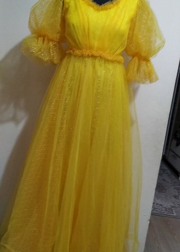 Sarı Vintage Uzun Kollu Elbise - Görsel 6