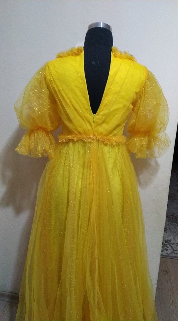 Sarı Vintage Uzun Kollu Elbise - Görsel 4