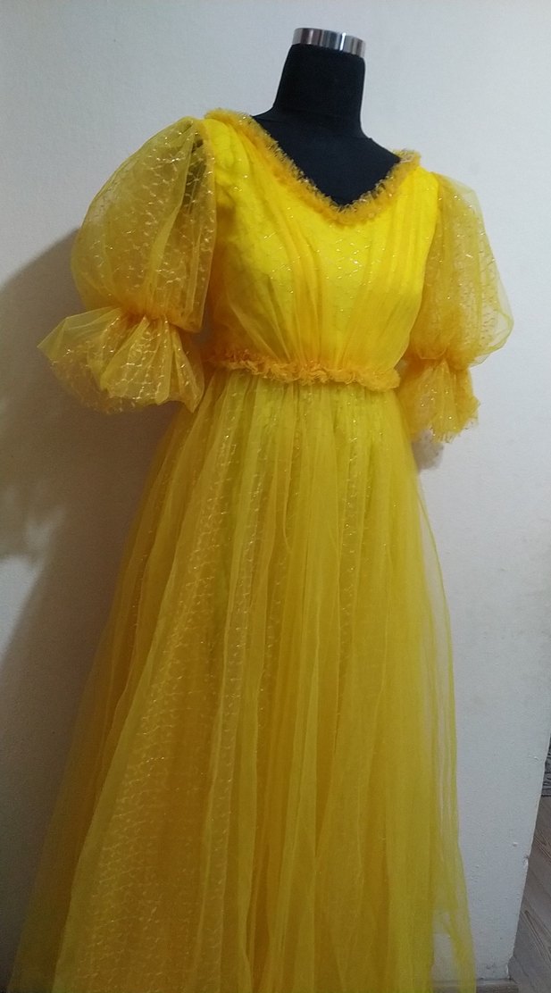 Sarı Vintage Uzun Kollu Elbise - Görsel 2