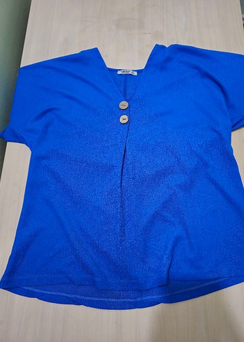 Mavi Kısa Kollu V Yaka Keten Bluz - Görsel 2