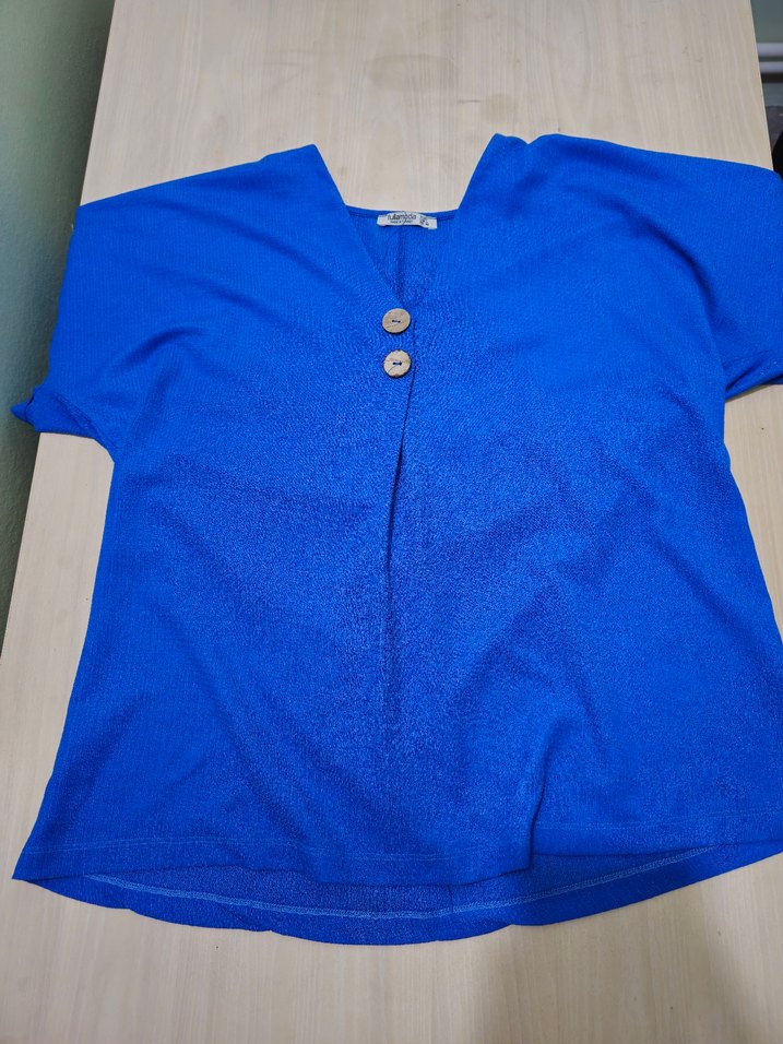 Mavi Kısa Kollu V Yaka Keten Bluz - Görsel 2