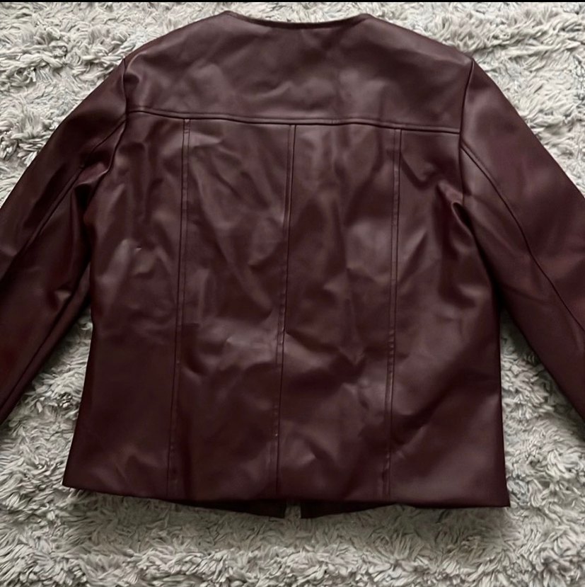 Bordo Kadın Deri Fermuarlı Ceket - Görsel 2
