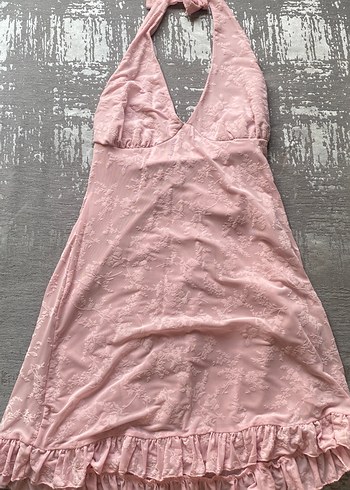 Pembe V Yaka desenli elbise yazlık