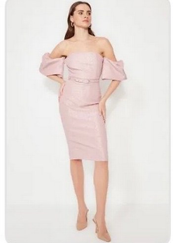 TrendyolMilla Pembe Straplez Midi Desenli Kalem Elbise