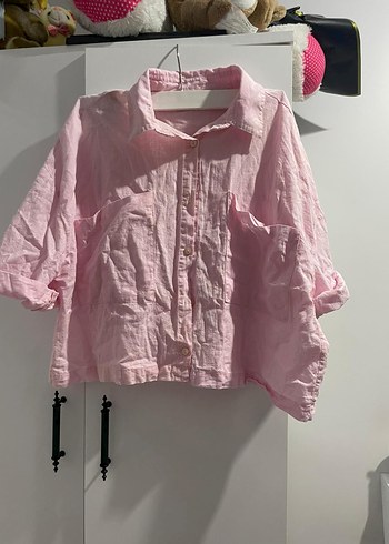 Pembe Keten Kadın Gömlek, Düğmeli, Kısa Kollu