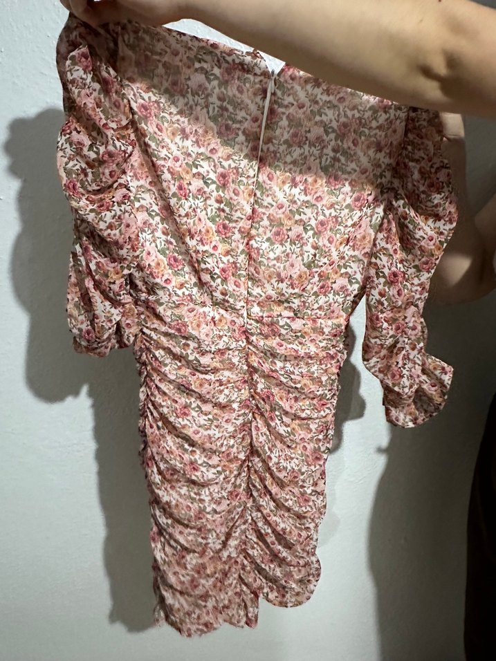 Pembe V Yaka Drapeli Midi Elbise - Görsel 2