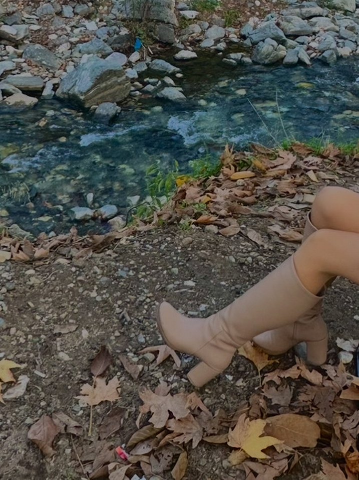 Bej İnce Topuklu Diz Boyu Kadın Çizme - Görsel 2