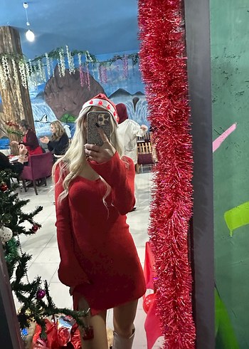 Kırmızı V Yaka Süet Mini Elbise - Görsel 2