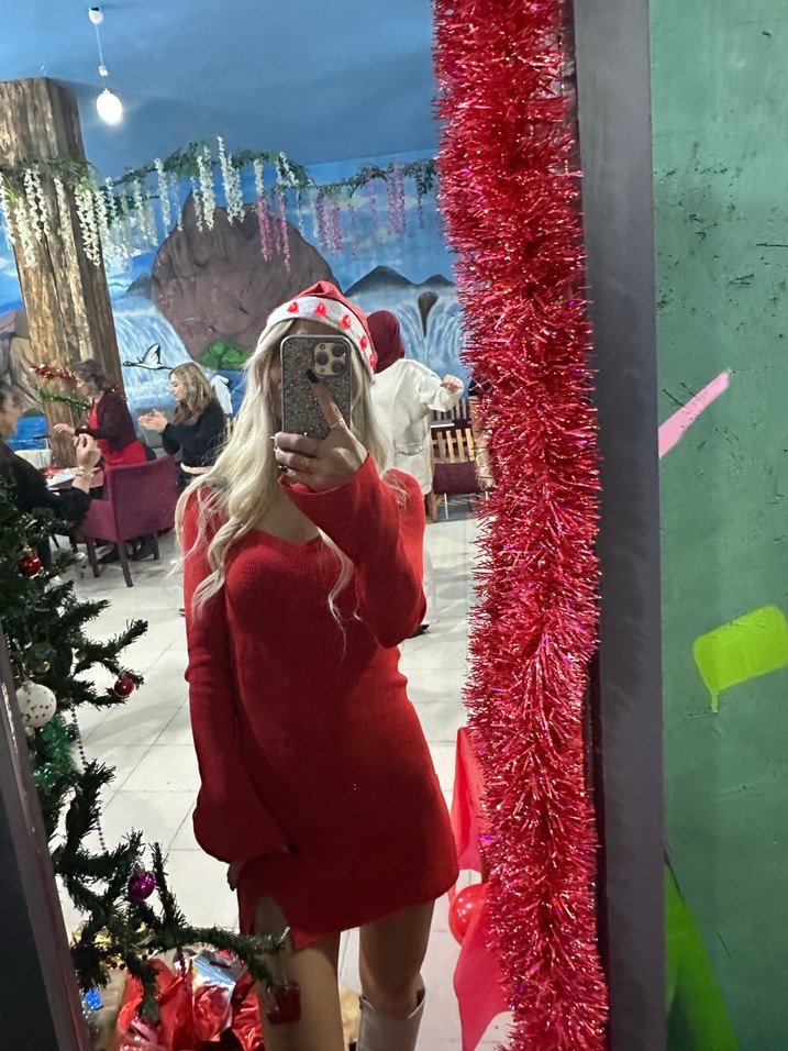 Kırmızı V Yaka Süet Mini Elbise - Görsel 2