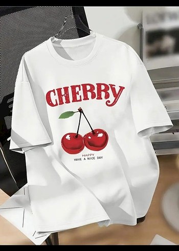 Diğer Beyaz Kiraz Baskılı Oversize Tshirt