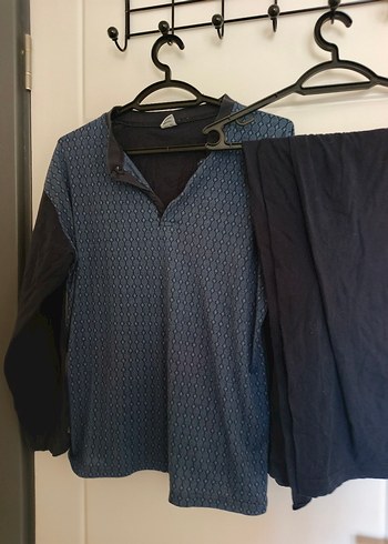 Düğmeli V Yaka Erkek Mavi Gri Pijama Takımı - Görsel 6