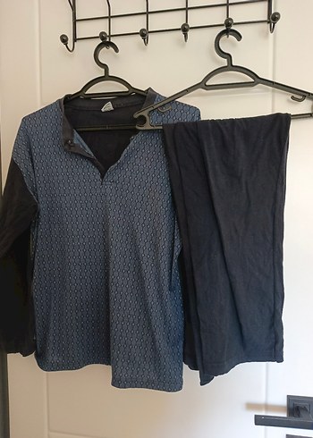 Düğmeli V Yaka Erkek Mavi Gri Pijama Takımı - Görsel 2