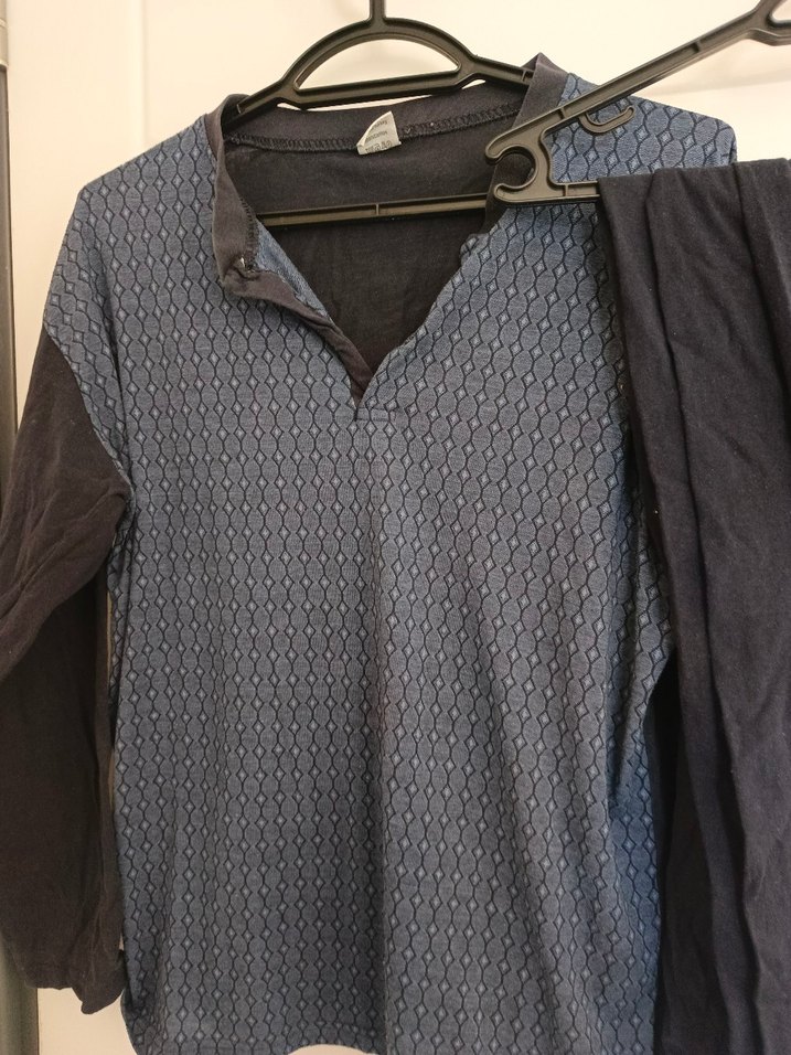 Düğmeli V Yaka Erkek Mavi Gri Pijama Takımı - Görsel 4