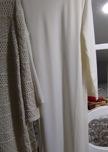 Beyaz Örgü Uzun Kollu Bohem Elbise - Görsel 3