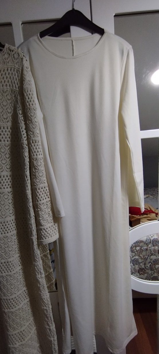 Beyaz Örgü Uzun Kollu Bohem Elbise - Görsel 3