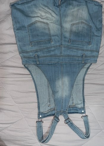 Kadın Mavi Tie-Dye Denim Şort Tulum - Görsel 3