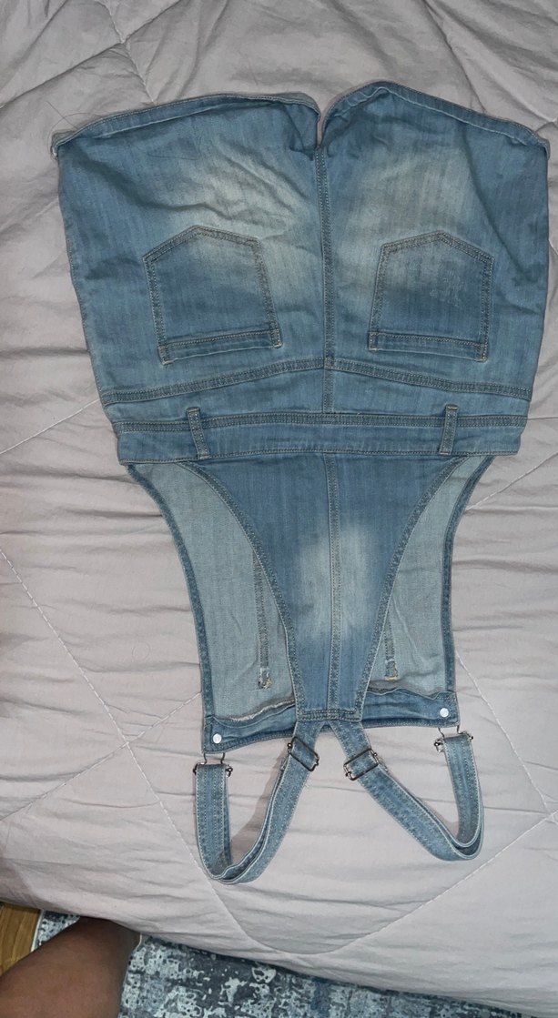 Kadın Mavi Tie-Dye Denim Şort Tulum - Görsel 3