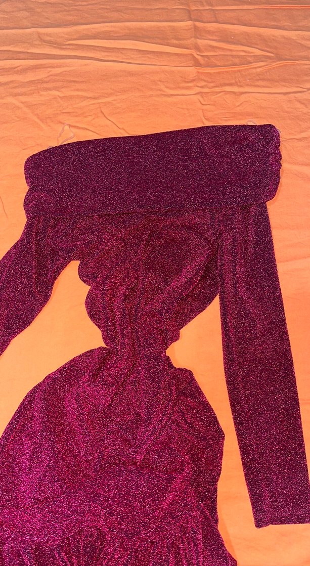 Bordo Drapeli Uzun Kollu Straplez Abiye Elbise - Görsel 2