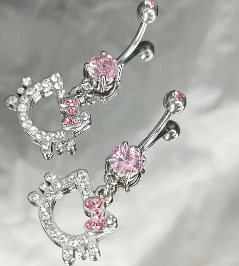 Pembe Parlak Taşlı Kadın Göbek Piercingi - Görsel 2