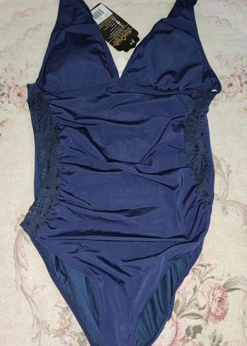 Lacivert Dantel İşlemeli Drapeli Mayo - Görsel 2