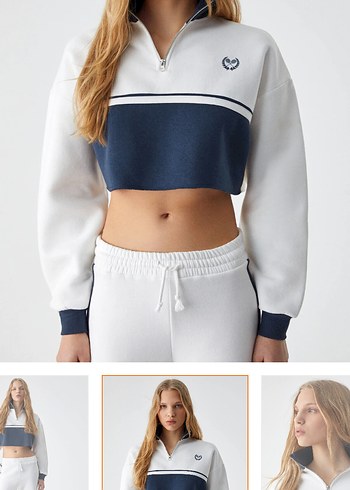 Beyaz ve Lacivert Crop Sweatshirt - Görsel 2