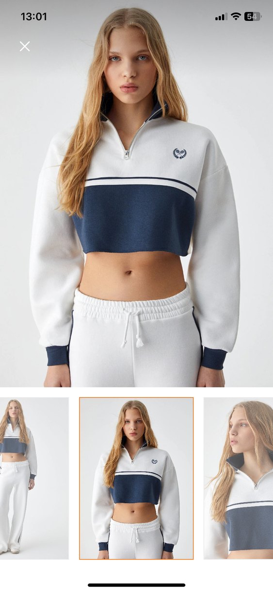 Beyaz ve Lacivert Crop Sweatshirt - Görsel 2