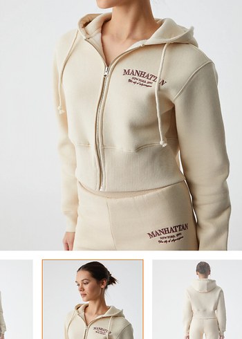 Bej Kadın Kapüşonlu ve Eşofman Altı Takımı - Görsel 2