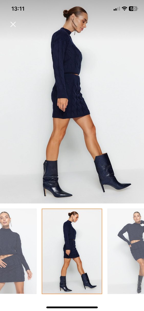 Lacivert Örgü Mini Triko Kazak ve Etek Takım - Görsel 2