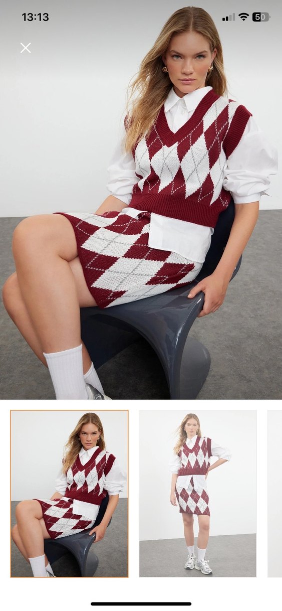 Bordo Ekose Triko Mini Etek Ve Süveter Takım - Görsel 2