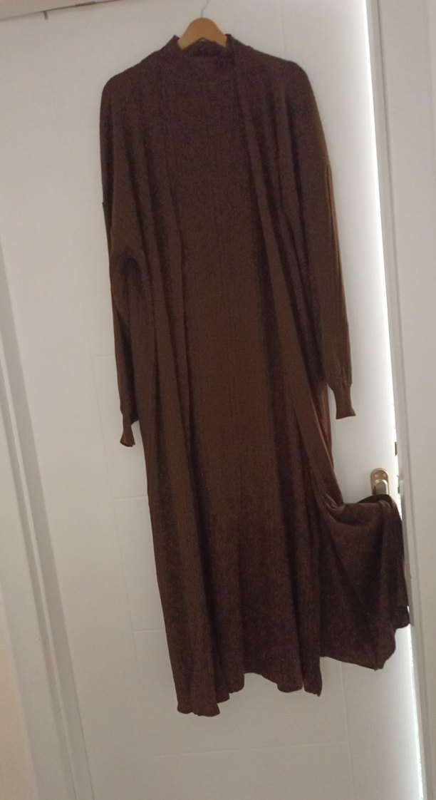 Kahverengi Uzun Kollu Triko Kadın Elbise - Görsel 3