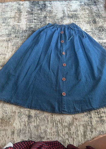 Düğmeli Mavi Midi Denim Etek