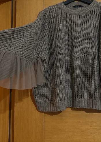 Gri Triko Kadın Kazak Tül Detaylı - Görsel 2