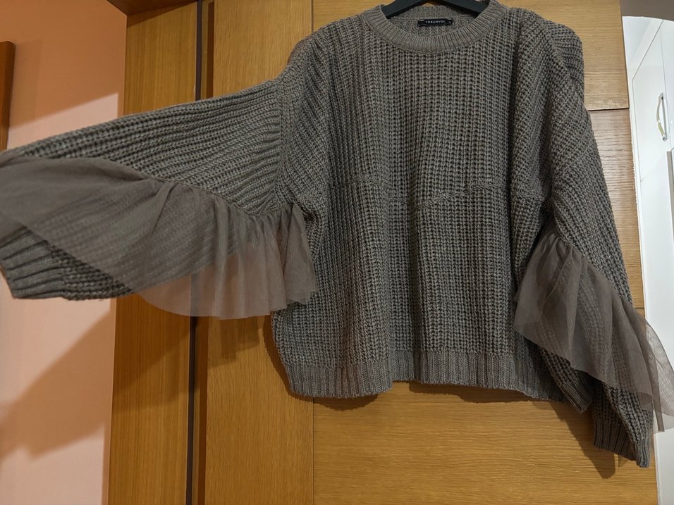 Gri Triko Kadın Kazak Tül Detaylı - Görsel 2