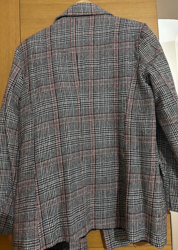 Kadın Gri Kareli Düğmeli Blazer Ceket - Görsel 4