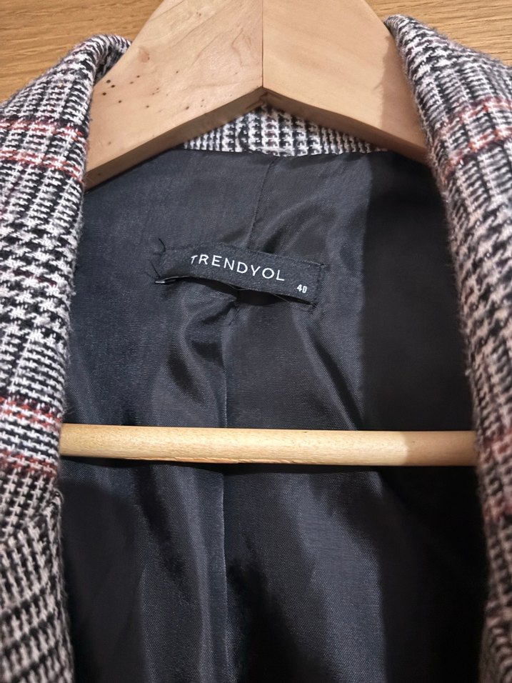 Kadın Gri Kareli Düğmeli Blazer Ceket - Görsel 2