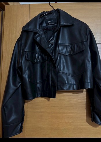 Düğmeli Siyah Deri Biker Ceket - Görsel 3