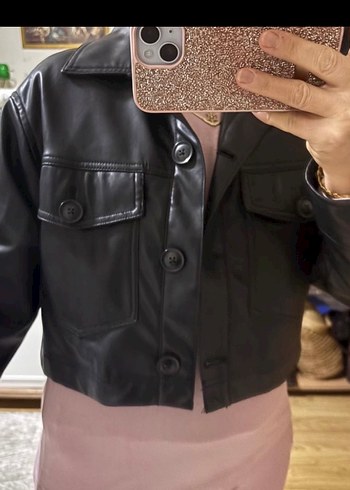 Düğmeli Siyah Deri Biker Ceket - Görsel 8