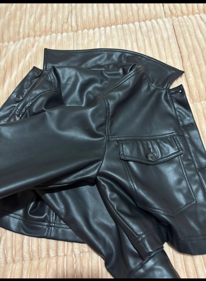 Düğmeli Siyah Deri Biker Ceket - Görsel 2