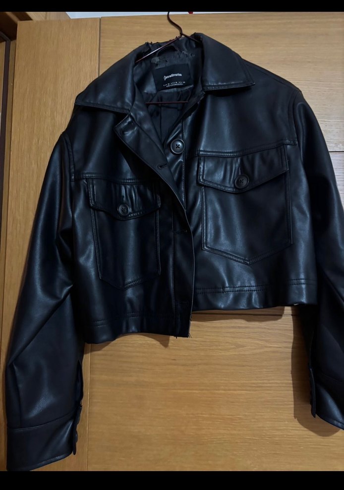 Düğmeli Siyah Deri Biker Ceket - Görsel 3