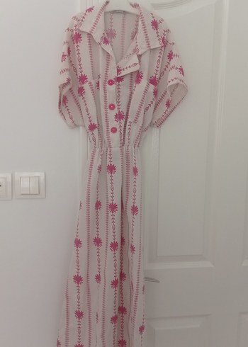 Pembe Nakışlı Bohem Uzun Elbise