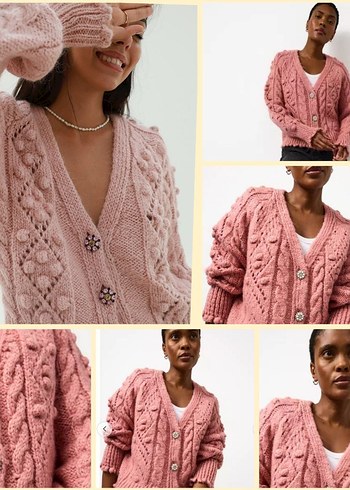 Pembe Ponponlu Örgü Düğmeli Hırka L - Görsel 5