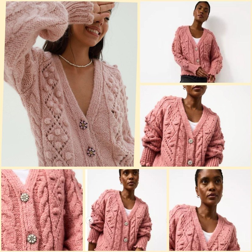 Pembe Ponponlu Örgü Düğmeli Hırka L - Görsel 5