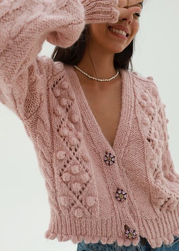 pembe ponponlu örgü süslemeli hırka - Görsel 7