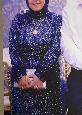 Uzun Kollu Mavi Boncuk İşlemeli Uzun Abiye