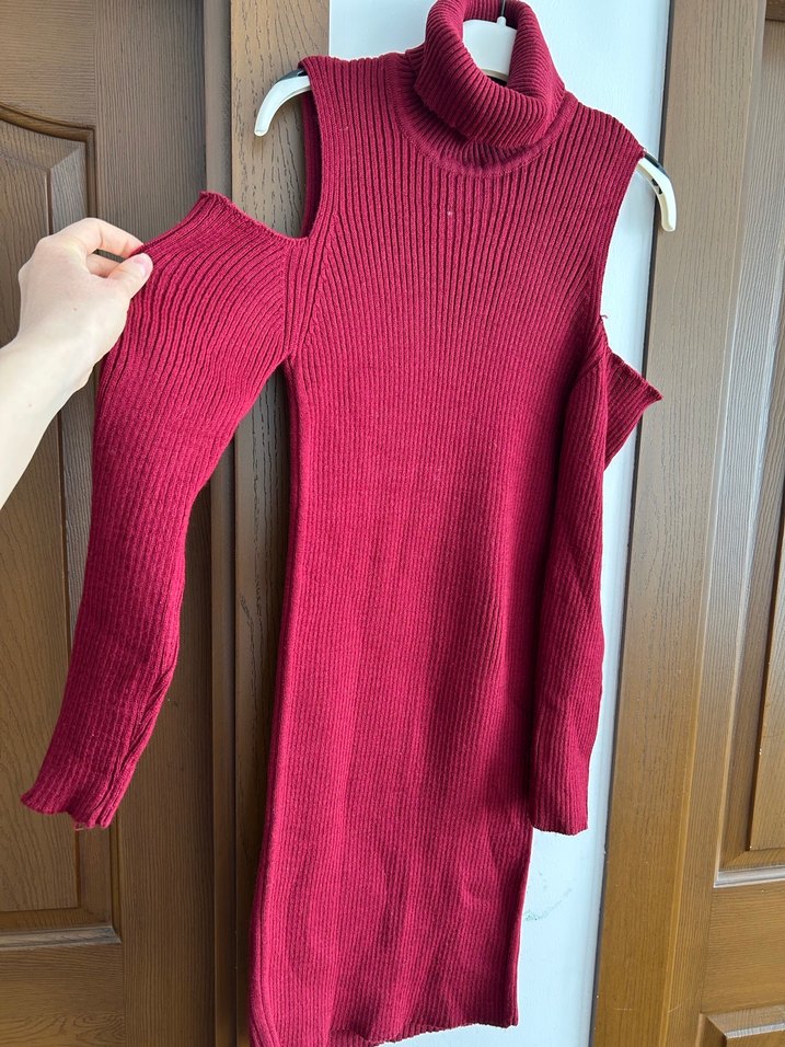 Bordo Yarım Balıkçı Yaka Kolsuz Triko Elbise - Görsel 2