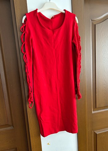 Kırmızı V Yaka Yanı Bağlamalı Triko Elbise - Görsel 2