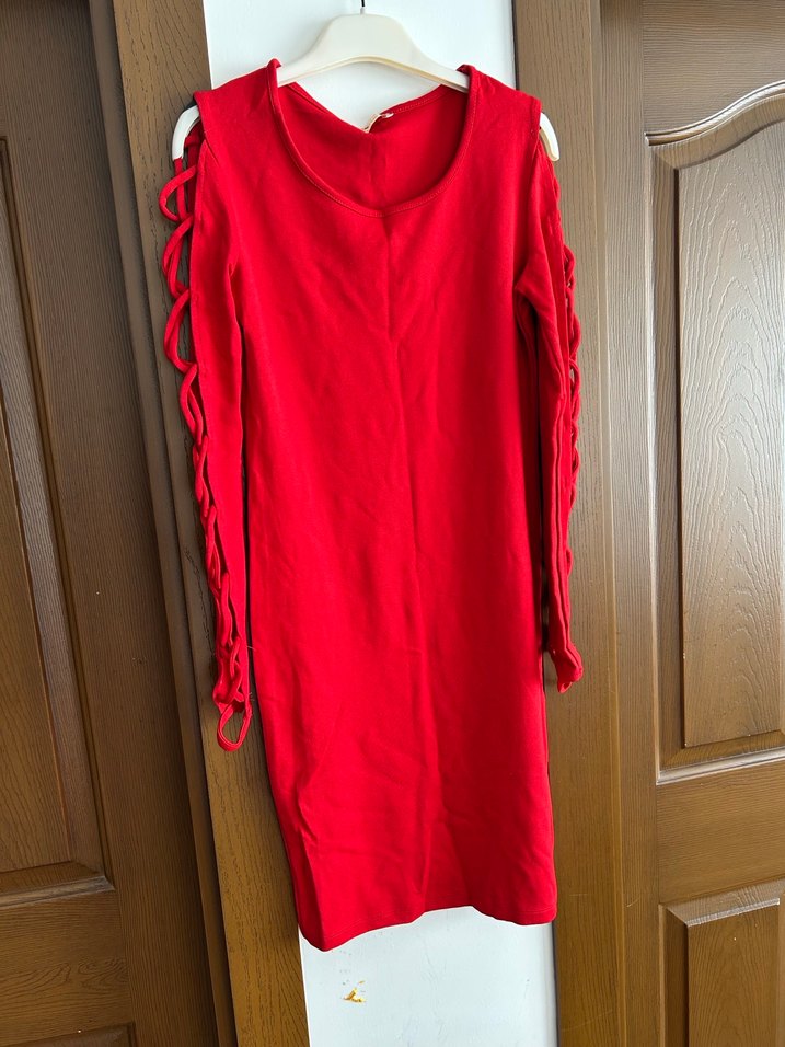 Kırmızı V Yaka Yanı Bağlamalı Triko Elbise - Görsel 2