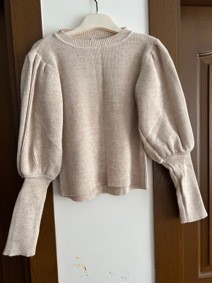 Bej Uzun Kollu Triko Kadın Kazak - Görsel 2