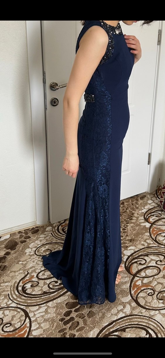 Lacivert Yılan Desenli Uzun Abiye Elbise - Görsel 2