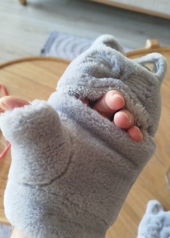 Peluş Kız Eldiveni, Kulak ve Kalp Detaylı, Gri - Görsel 5